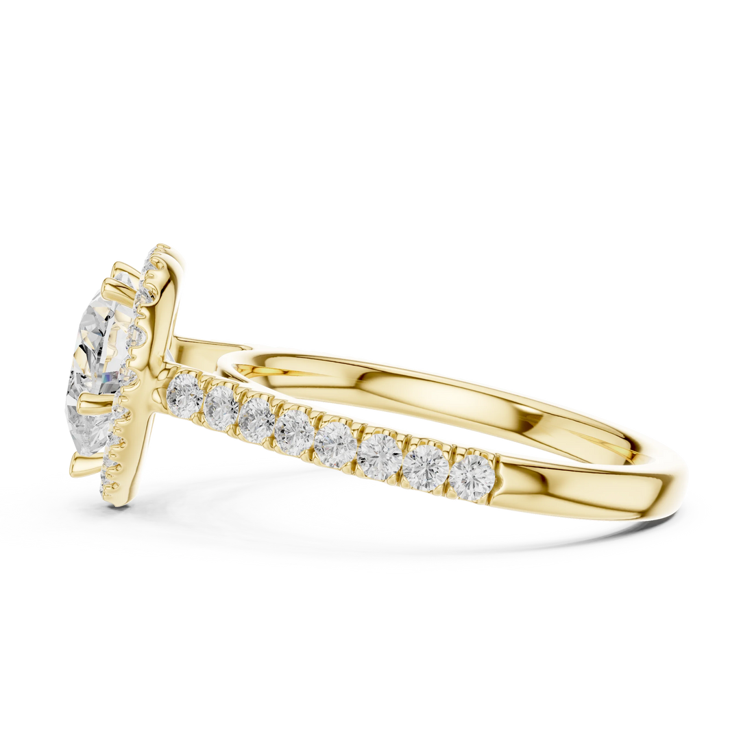 Side view of yellow gold heart shaped diamond ring with halo setting highlighting band structure and center stone elevation