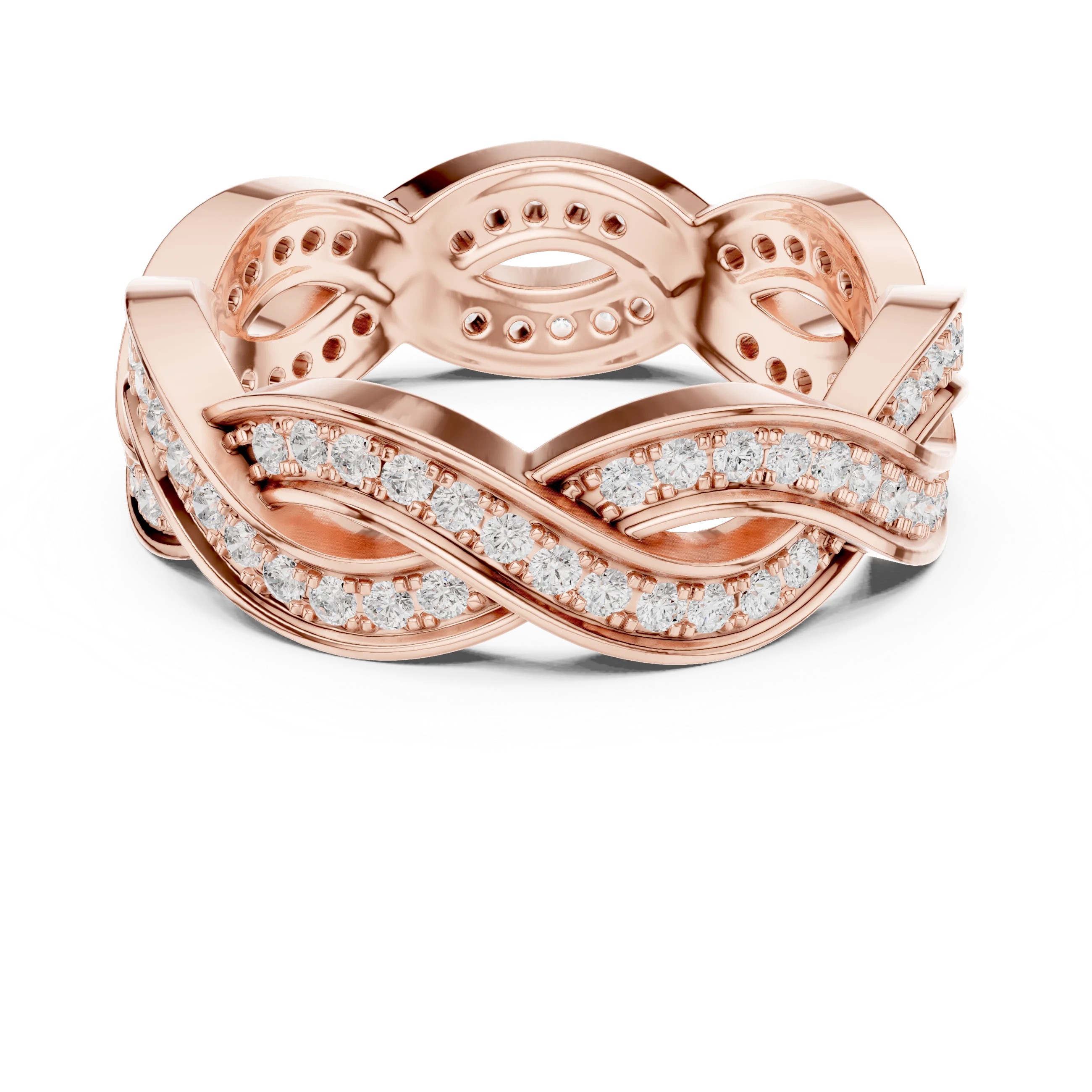 Round brilliant braided infinity eternity band with lab-grown diamonds in rose gold with modern romantic finish