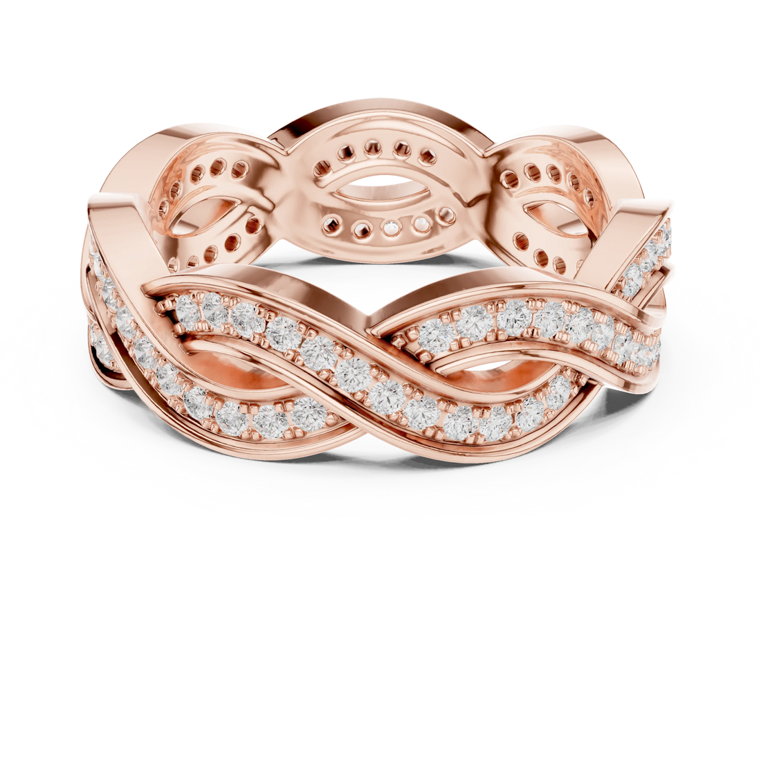 Round brilliant braided infinity eternity band with lab-grown diamonds in rose gold with modern romantic finish
