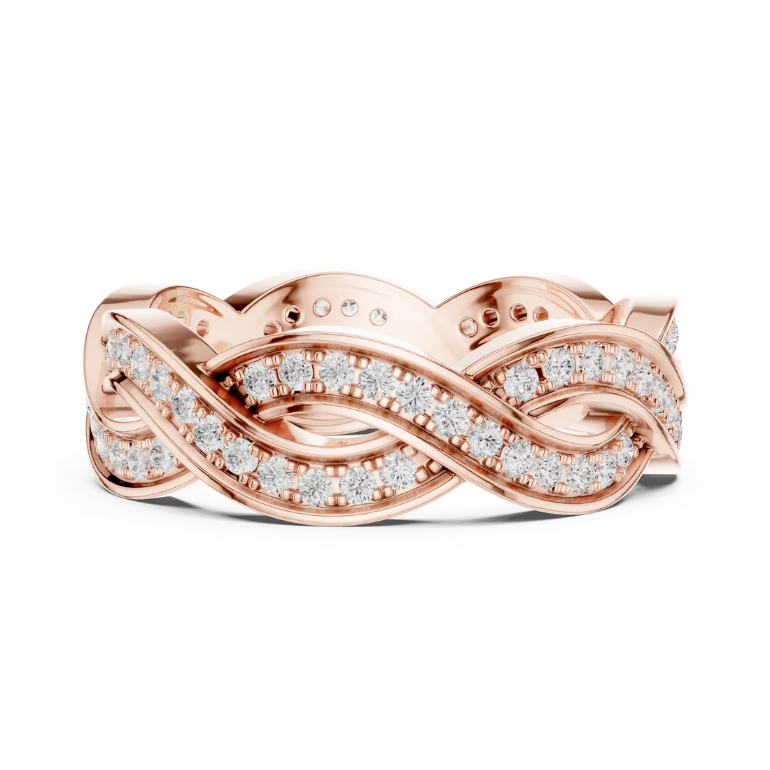 Side view of rose gold eternity band highlighting braided infinity pattern and diamond setting