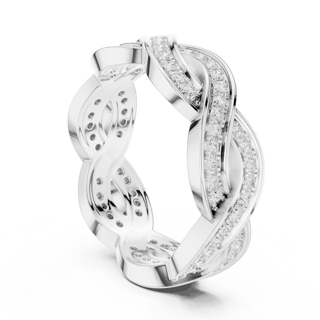 Back view of white gold eternity band with braided infinity design and round lab-grown diamonds