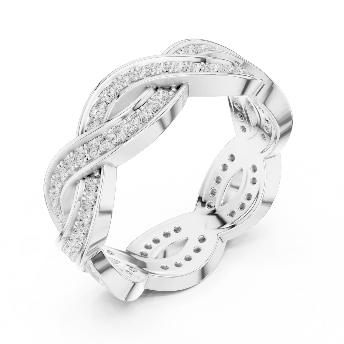Front view of white gold braided infinity eternity band featuring round brilliant lab-grown diamonds