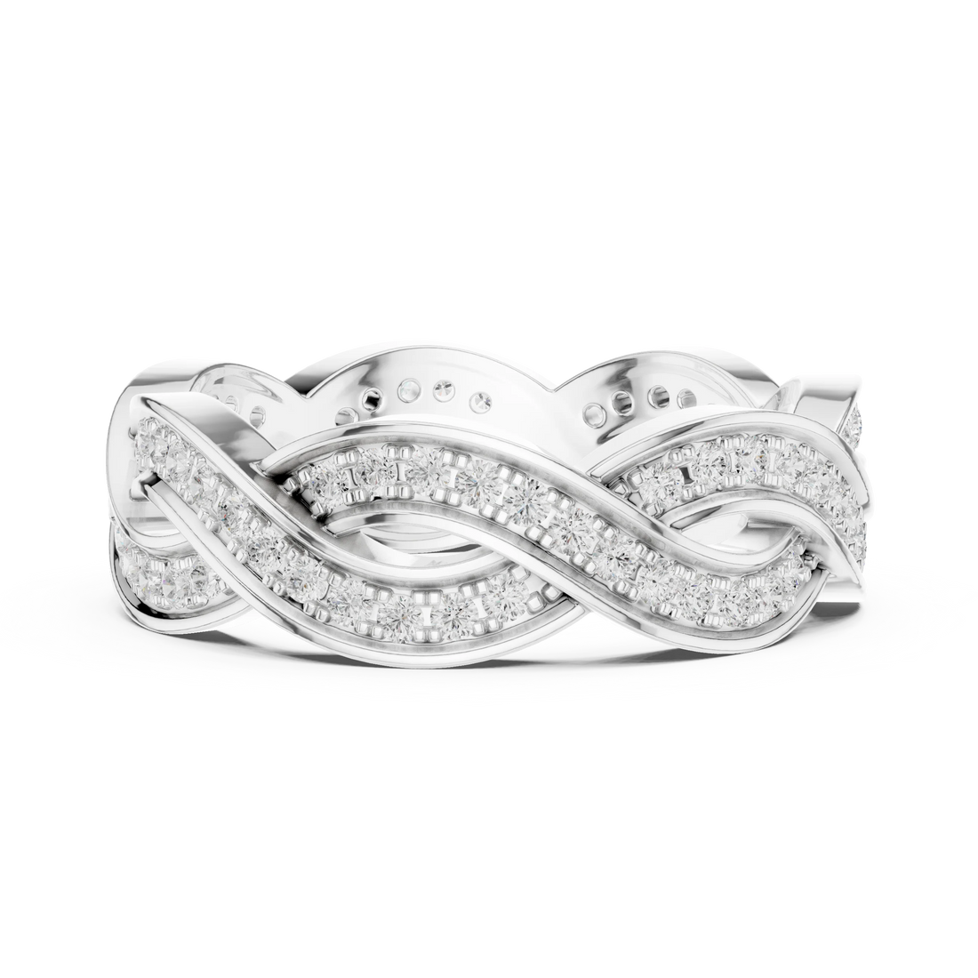 Side view of white gold eternity band highlighting braided infinity pattern and diamond setting