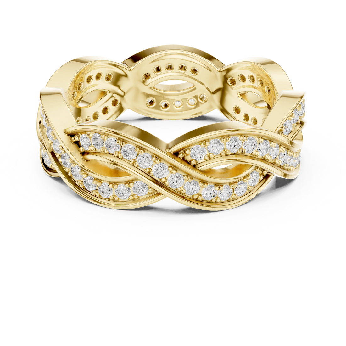 Round brilliant braided infinity eternity band with lab-grown diamonds in yellow gold with classic luxury appeal