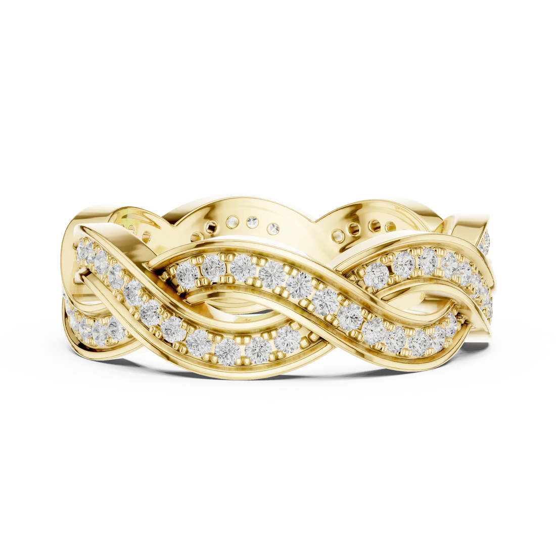 Side profile of yellow gold eternity band highlighting braided infinity pattern and diamond setting