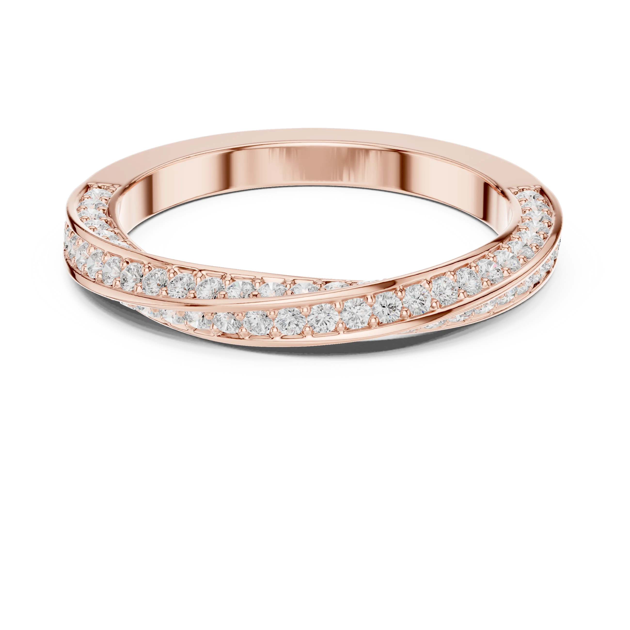 Round brilliant crossover twist pavé eternity band with lab-grown diamonds in rose gold with modern romantic finish
