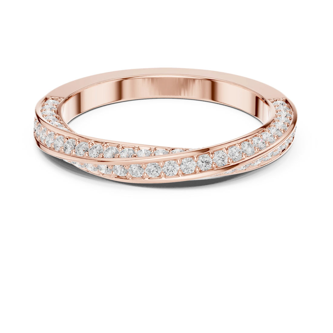 Round brilliant crossover twist pavé eternity band with lab-grown diamonds in rose gold with modern romantic finish
