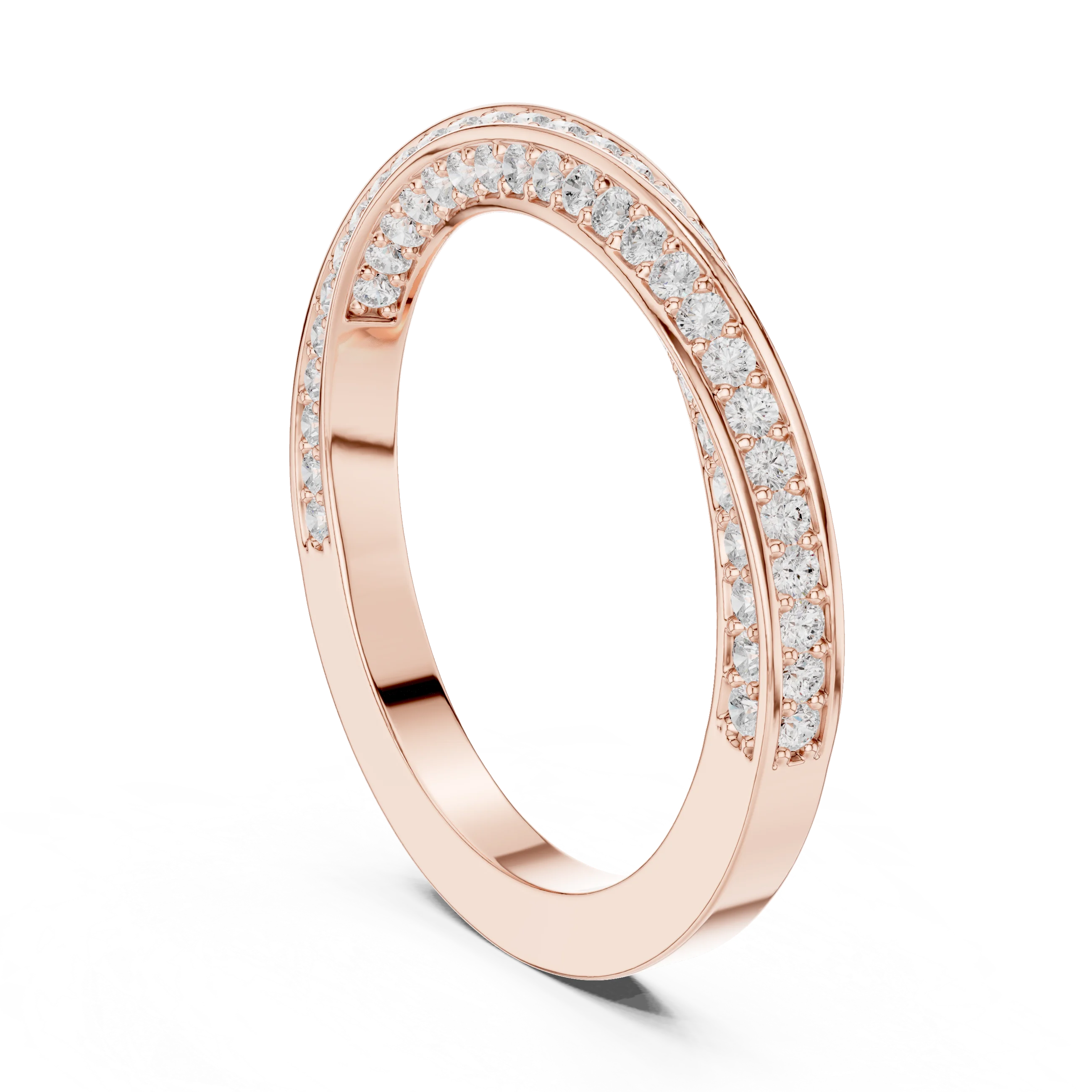 Back view of rose gold eternity band with crossover twist design and pavé set round lab-grown diamonds