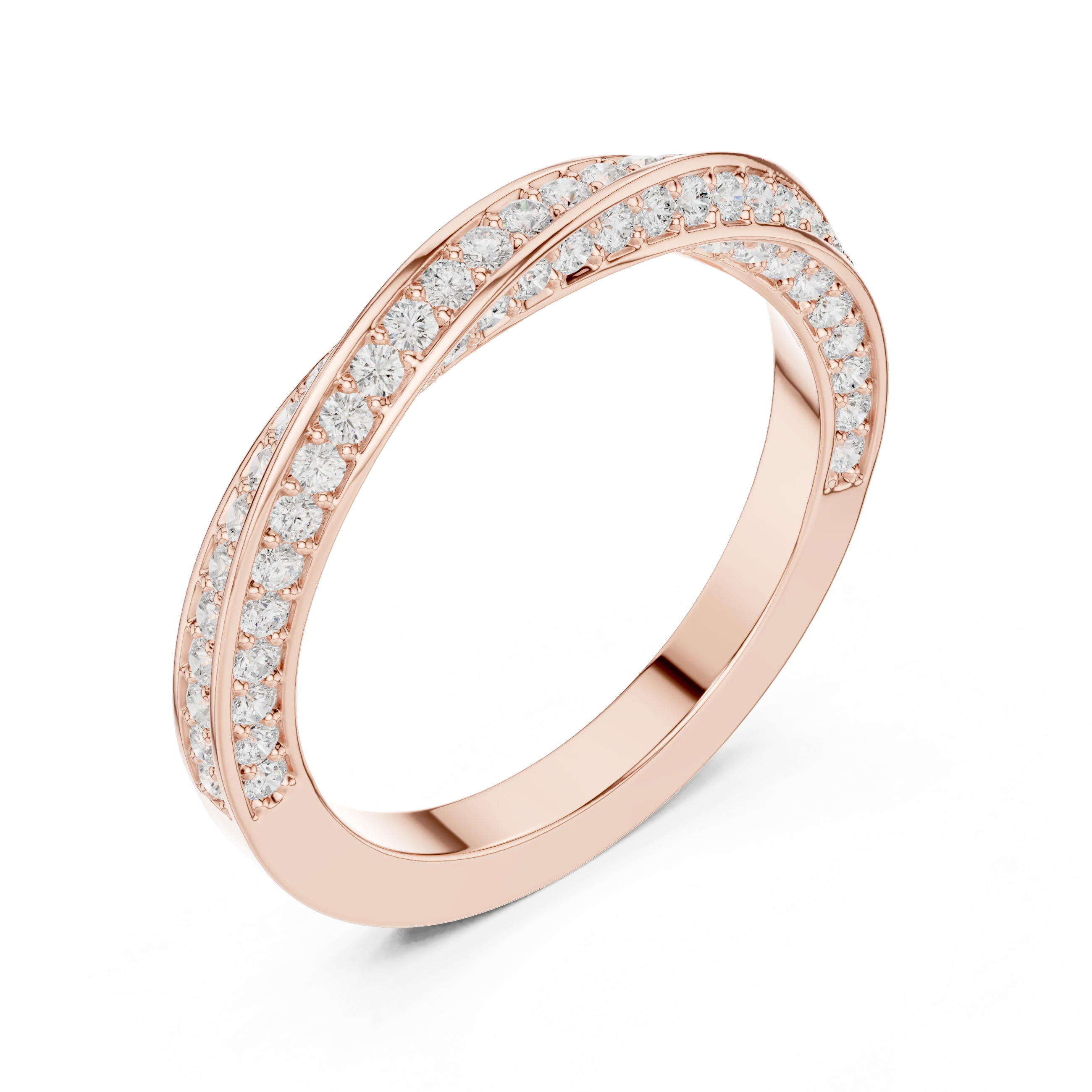 Front view of rose gold crossover twist pavé eternity band featuring round brilliant lab-grown diamonds