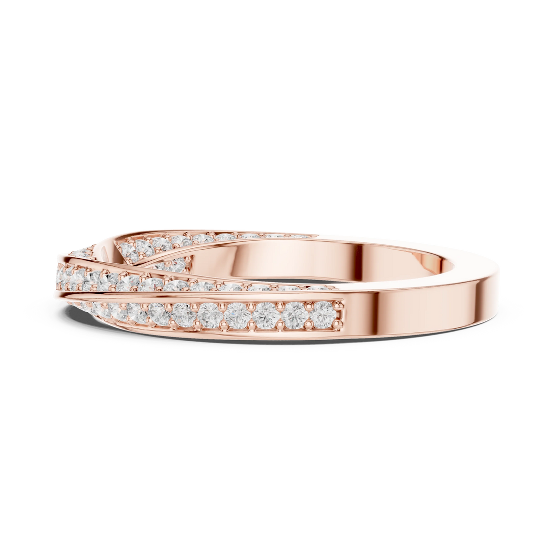 Side view of rose gold eternity band highlighting crossover twist pattern and pavé diamond setting