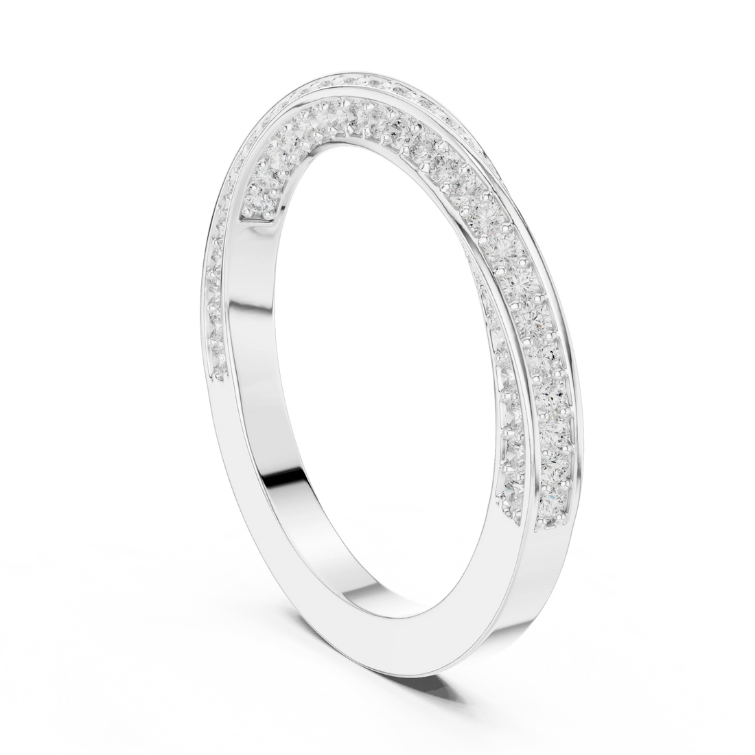 Back view of white gold eternity band with crossover twist design and pavé set round lab-grown diamonds