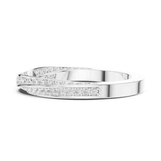 Side view of white gold eternity band highlighting crossover twist pattern and pavé diamond setting
