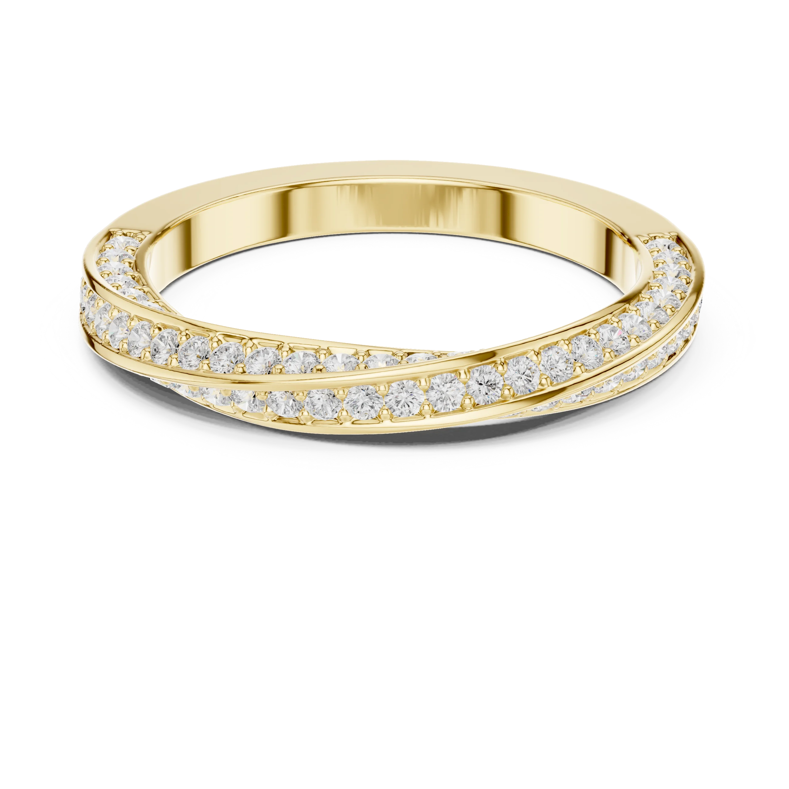 Round brilliant crossover twist pavé eternity band with lab-grown diamonds in yellow gold with classic luxury appeal
