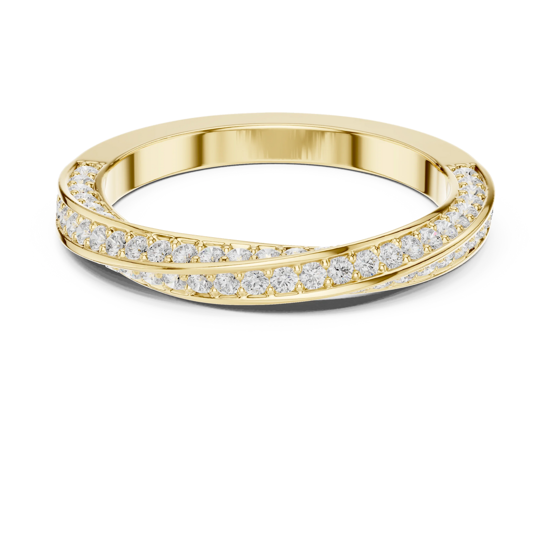 Round brilliant crossover twist pavé eternity band with lab-grown diamonds in yellow gold with classic luxury appeal