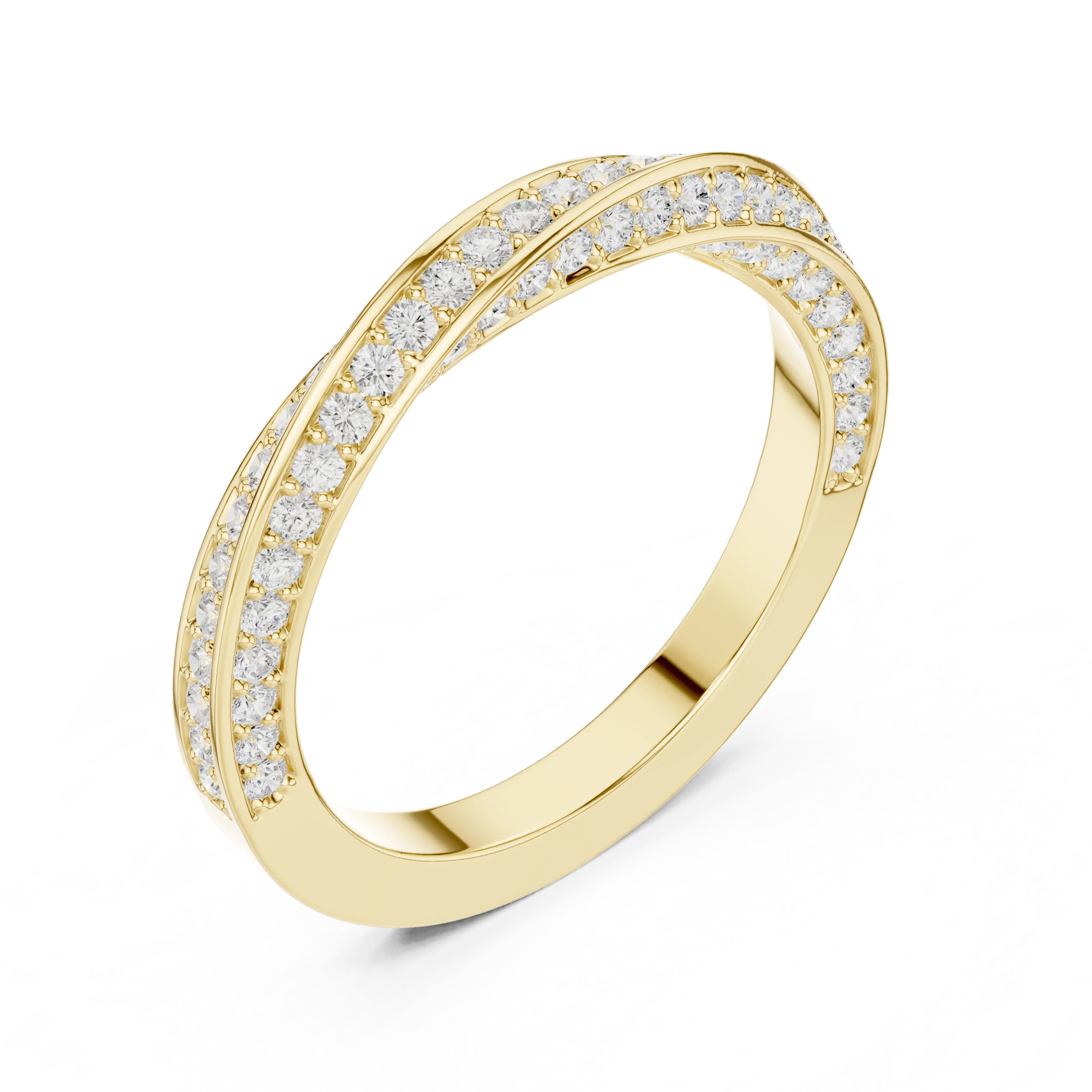 Front view of yellow gold crossover twist pavé eternity band showcasing round brilliant lab-grown diamonds