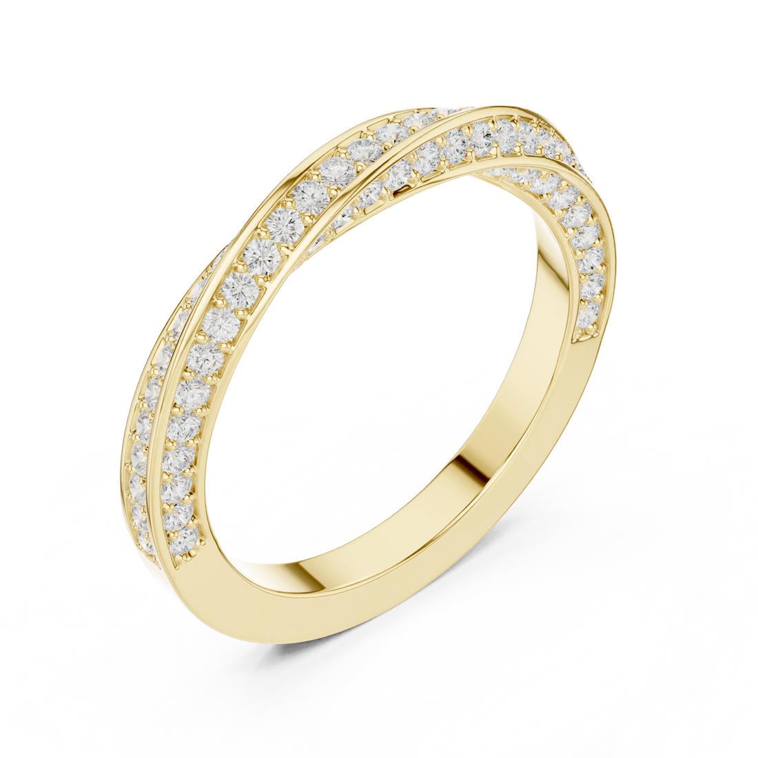 Front view of yellow gold crossover twist pavé eternity band showcasing round brilliant lab-grown diamonds