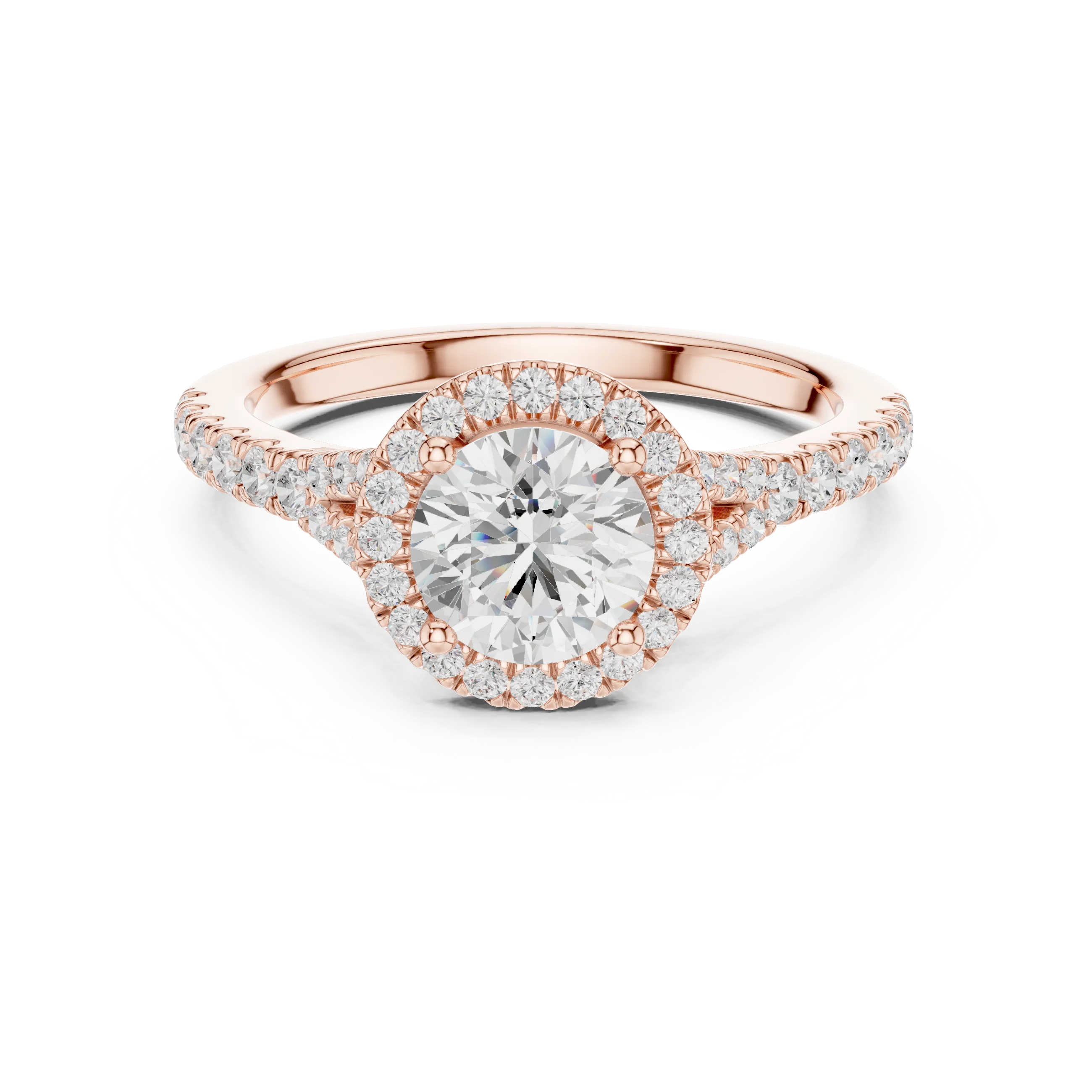 Round brilliant halo engagement ring with split pavé diamond band in rose gold, lab grown diamond, Australia DFE
