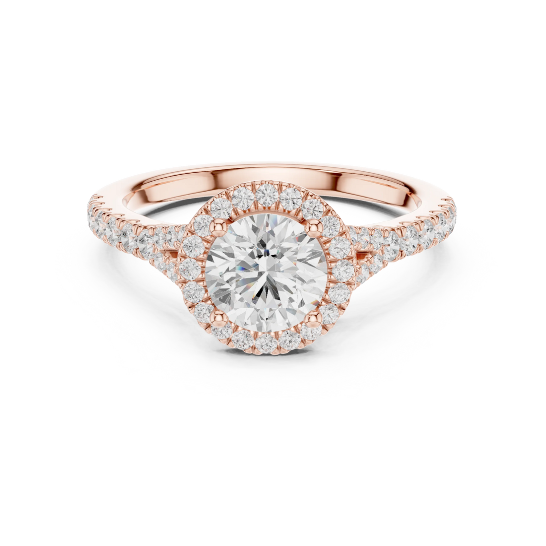 Round brilliant halo engagement ring with split pavé diamond band in rose gold, lab grown diamond, Australia DFE