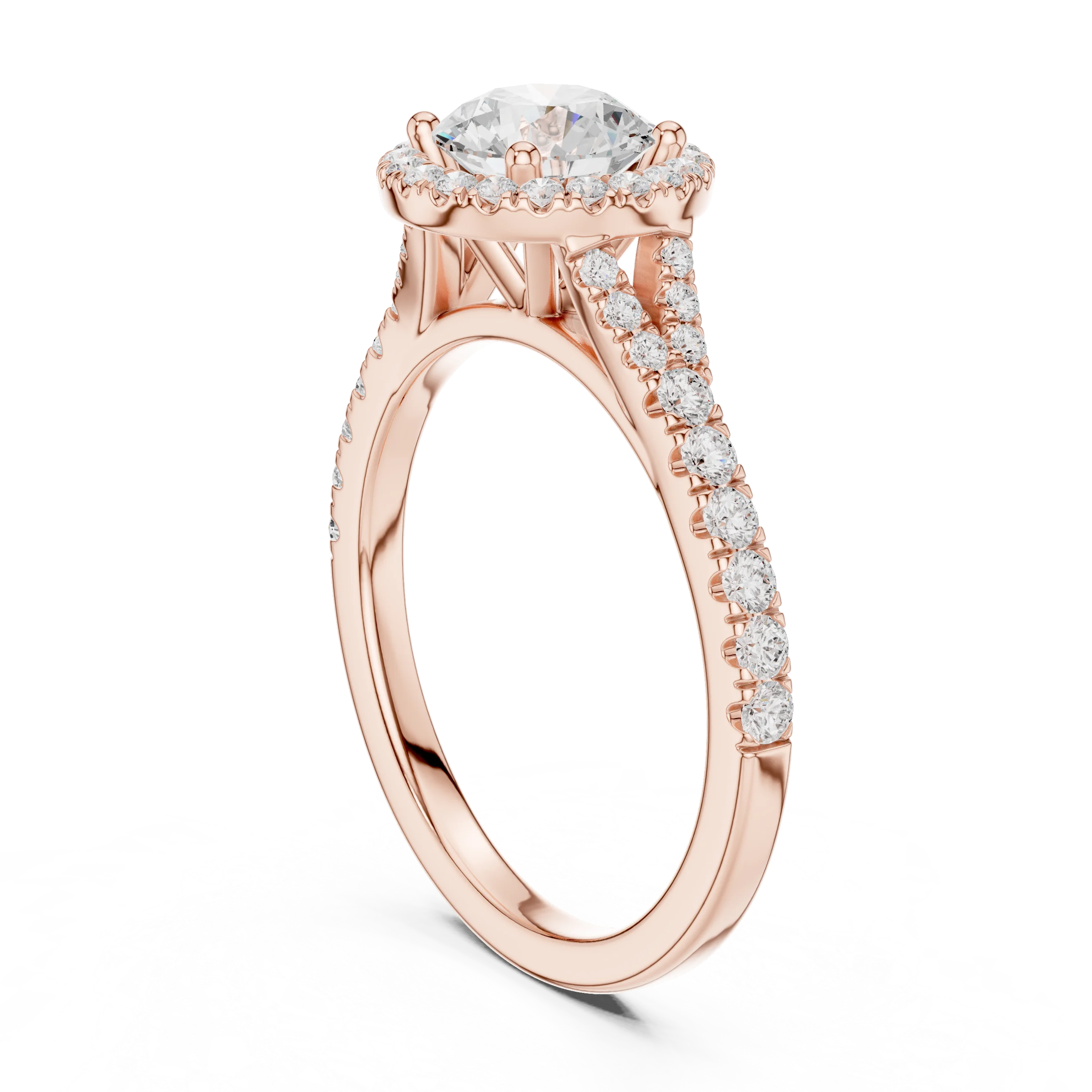 Round brilliant halo engagement ring with split pavé diamond band in rose gold, lab grown diamond, back view, Australia DFE