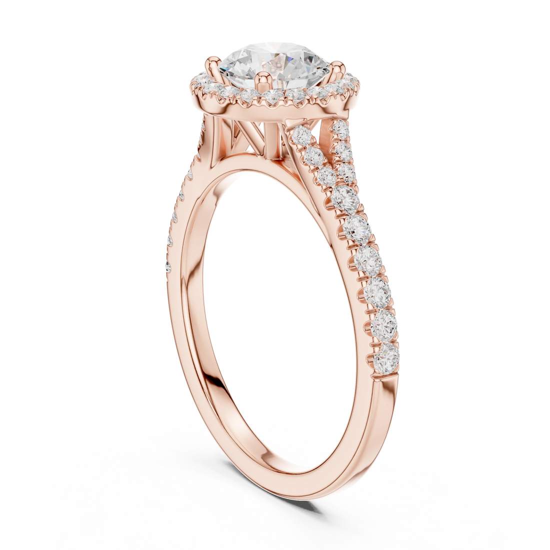 Round brilliant halo engagement ring with split pavé diamond band in rose gold, lab grown diamond, back view, Australia DFE