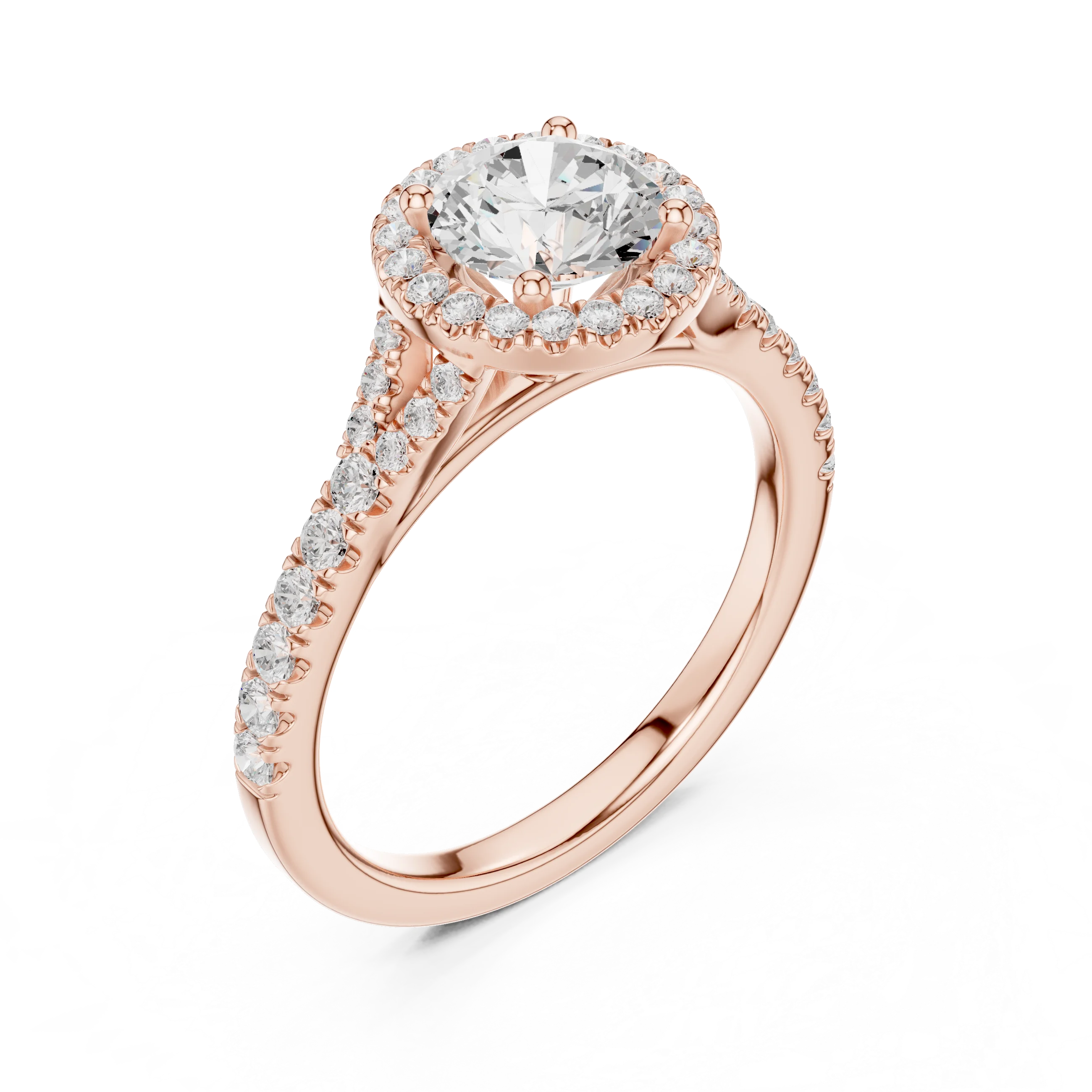 Round brilliant halo engagement ring with split pavé diamond band in rose gold, lab grown diamond, front view, Australia DFE