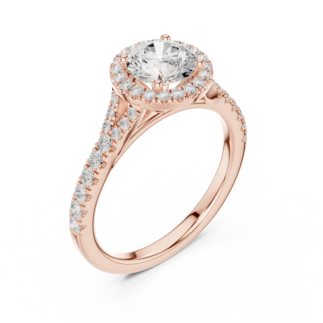 Round brilliant halo engagement ring with split pavé diamond band in rose gold, lab grown diamond, front view, Australia DFE