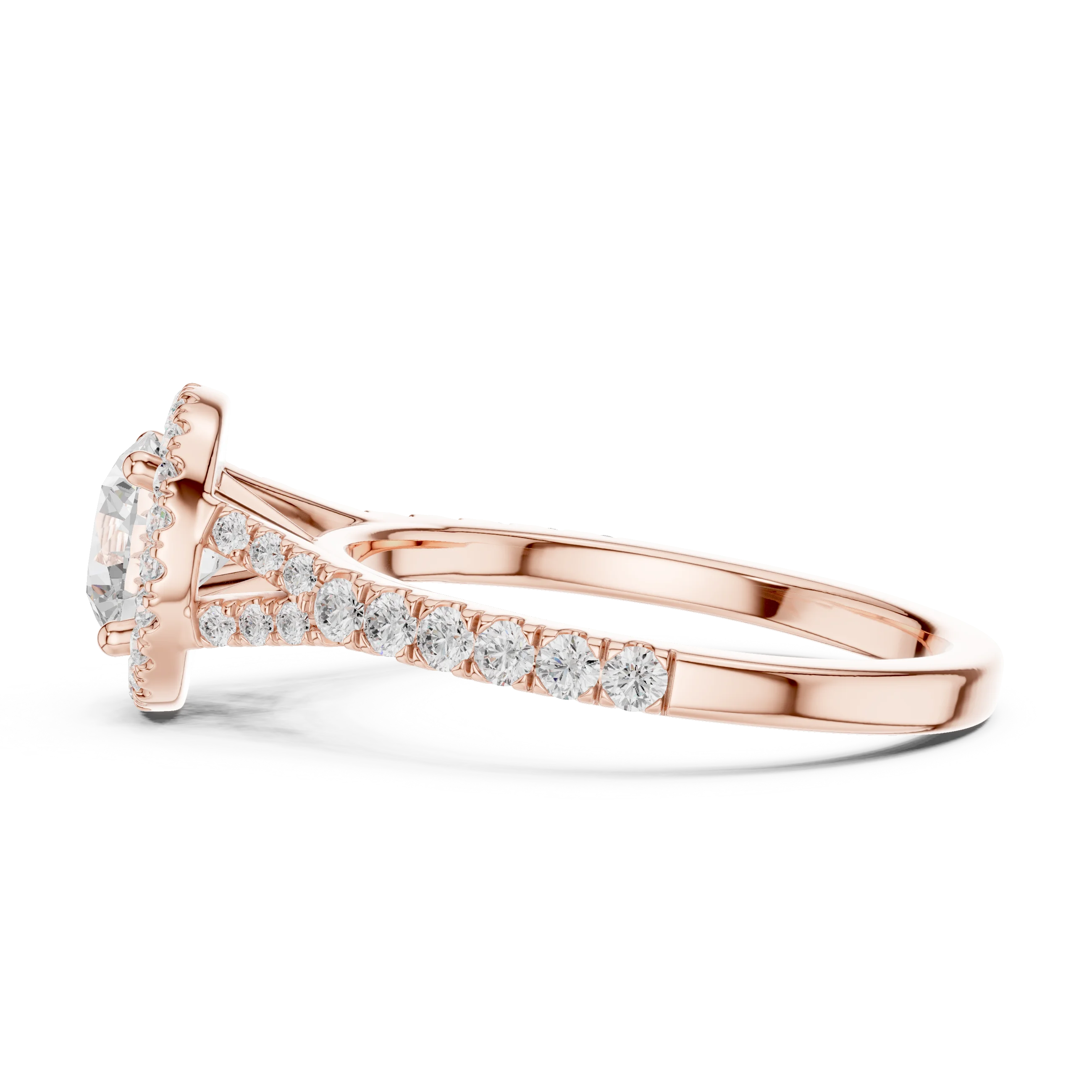 Round brilliant halo engagement ring with split pavé diamond band in rose gold, lab grown diamond, side view, Australia DFE