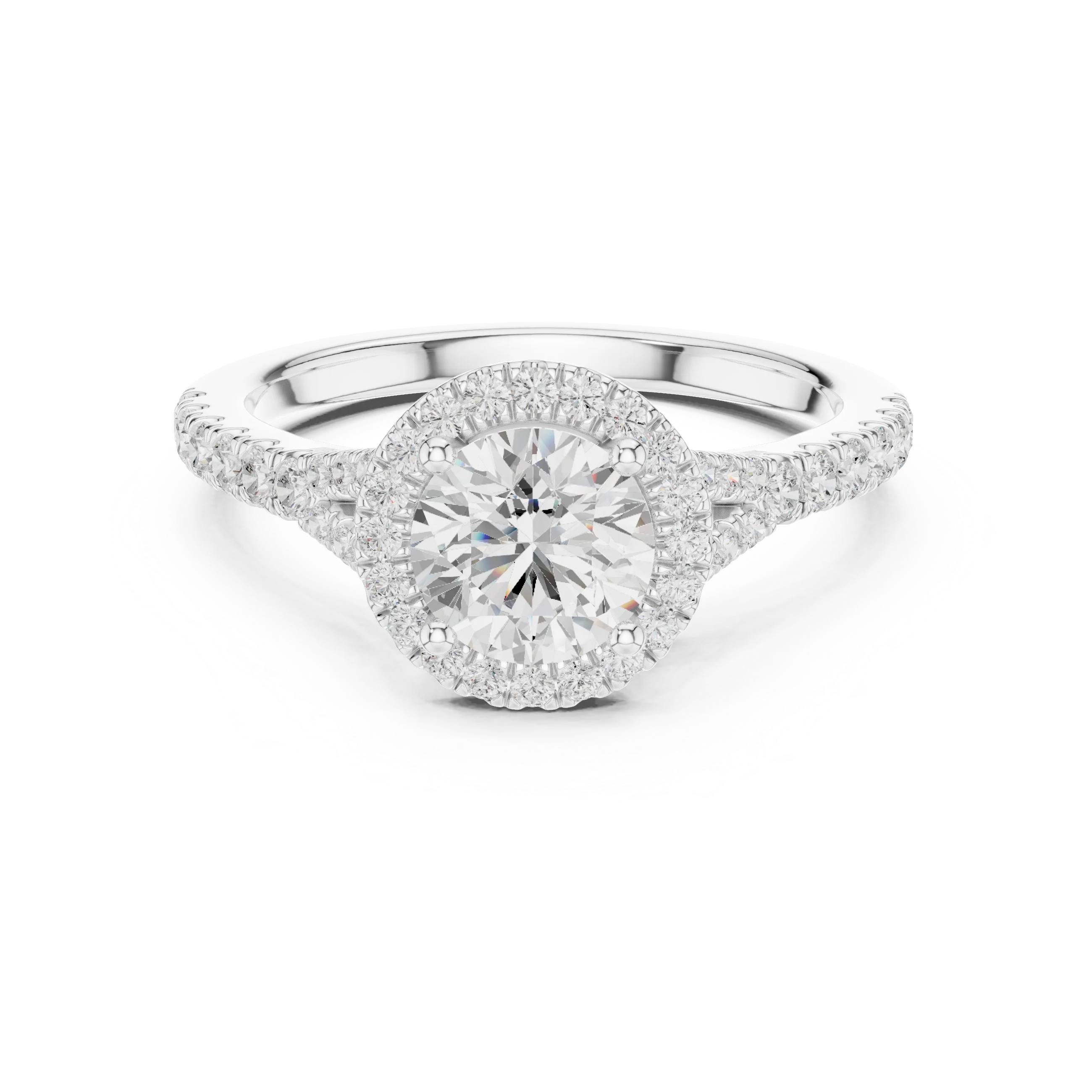 Round brilliant halo engagement ring with split pavé diamond band in white gold, lab grown diamond, Australia DFE