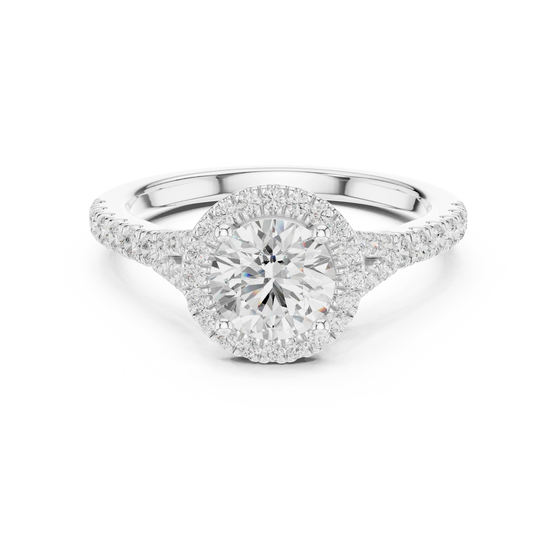 Round brilliant halo engagement ring with split pavé diamond band in white gold, lab grown diamond, Australia DFE