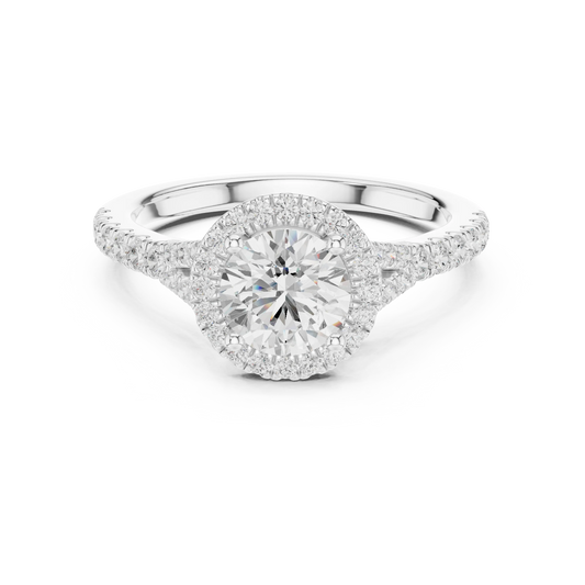 Round brilliant halo engagement ring with split pavé diamond band in white gold, lab grown diamond, Australia DFE
