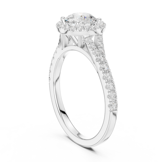 Round brilliant halo engagement ring with split pavé diamond band in white gold, lab grown diamond, back view, Australia DFE
