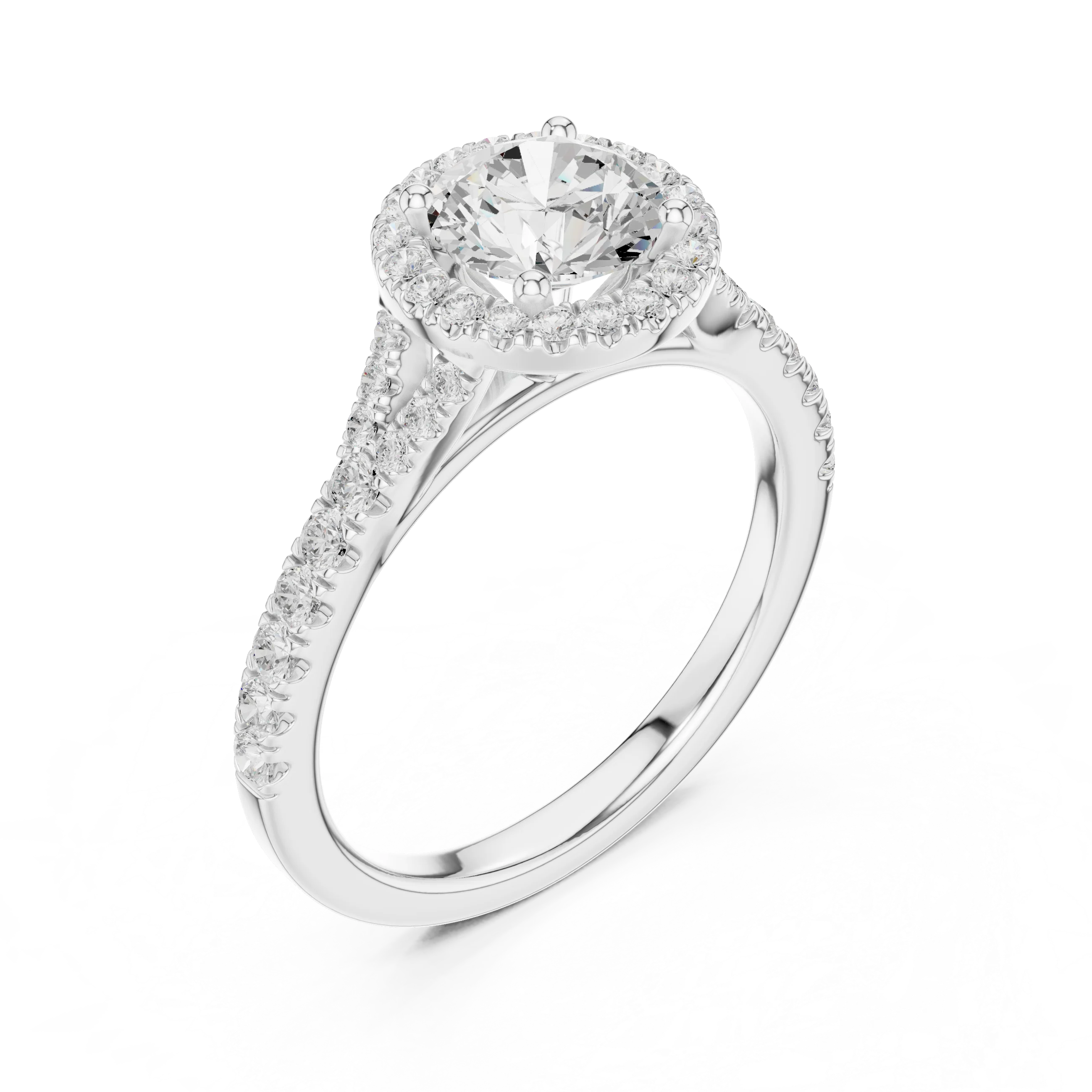 Round brilliant halo engagement ring with split pavé diamond band in white gold, lab grown diamond, front view, Australia DFE