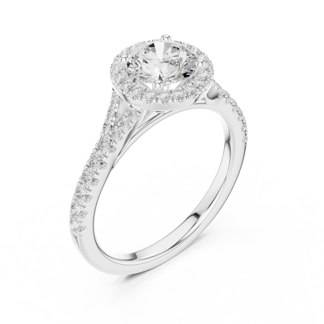 Round brilliant halo engagement ring with split pavé diamond band in white gold, lab grown diamond, front view, Australia DFE