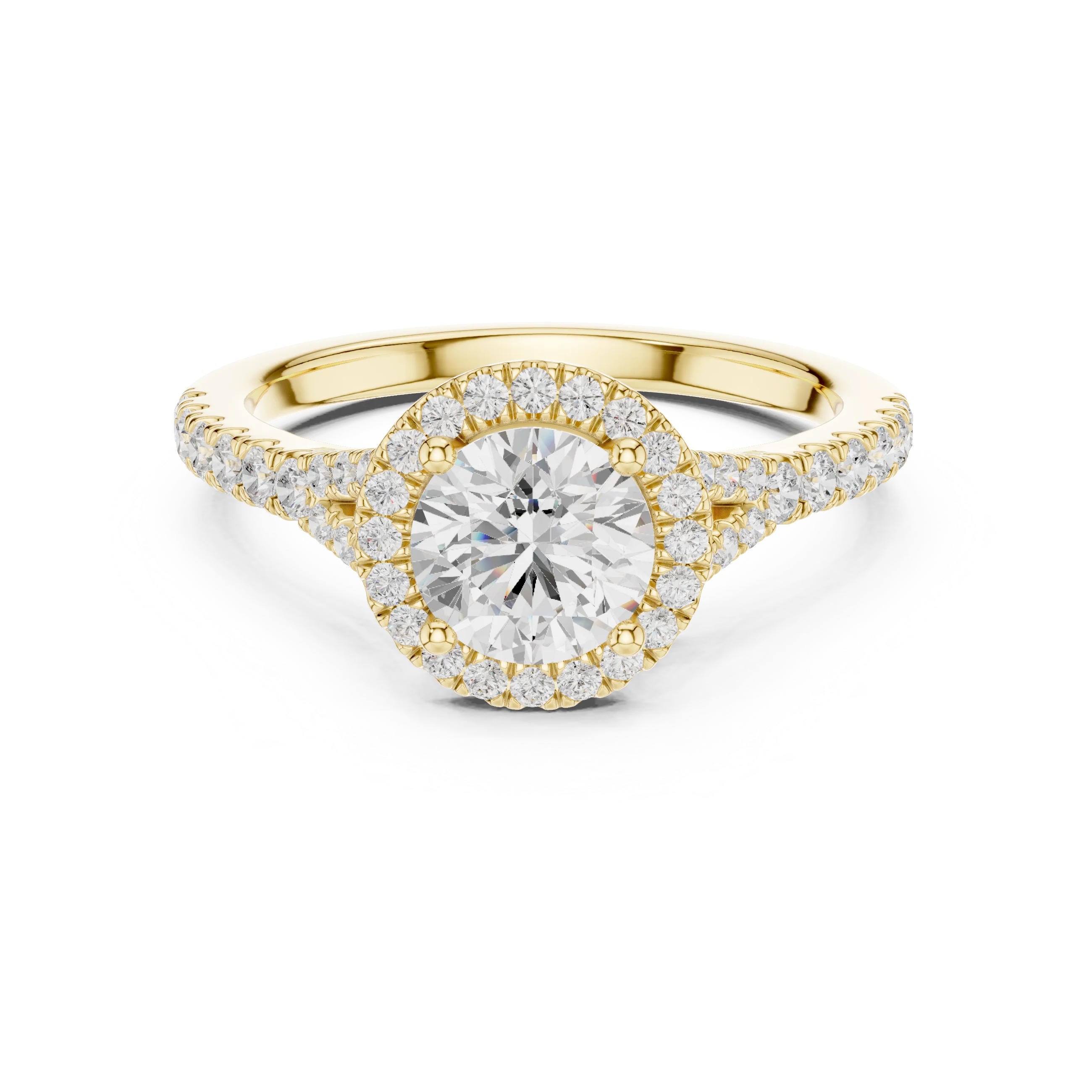 Round brilliant halo engagement ring with split pavé diamond band in yellow gold, lab grown diamond, Australia DFE