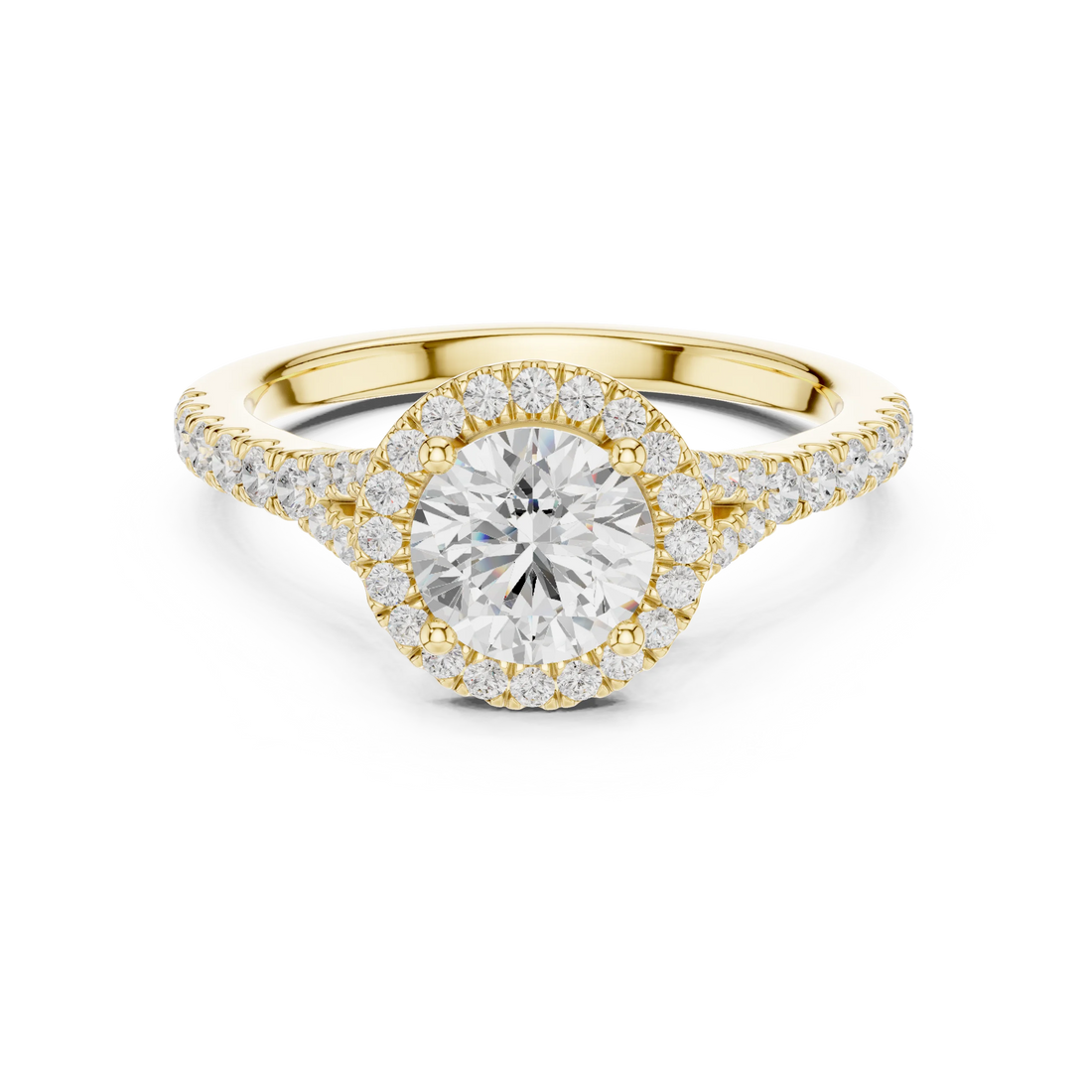Round brilliant halo engagement ring with split pavé diamond band in yellow gold, lab grown diamond, Australia DFE