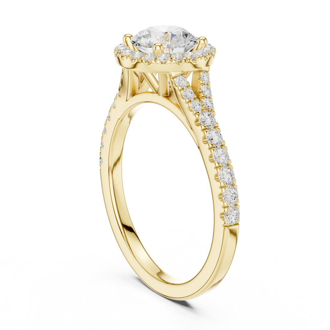 Round brilliant halo engagement ring with split pavé diamond band in yellow gold, lab grown diamond, back view, Australia DFE