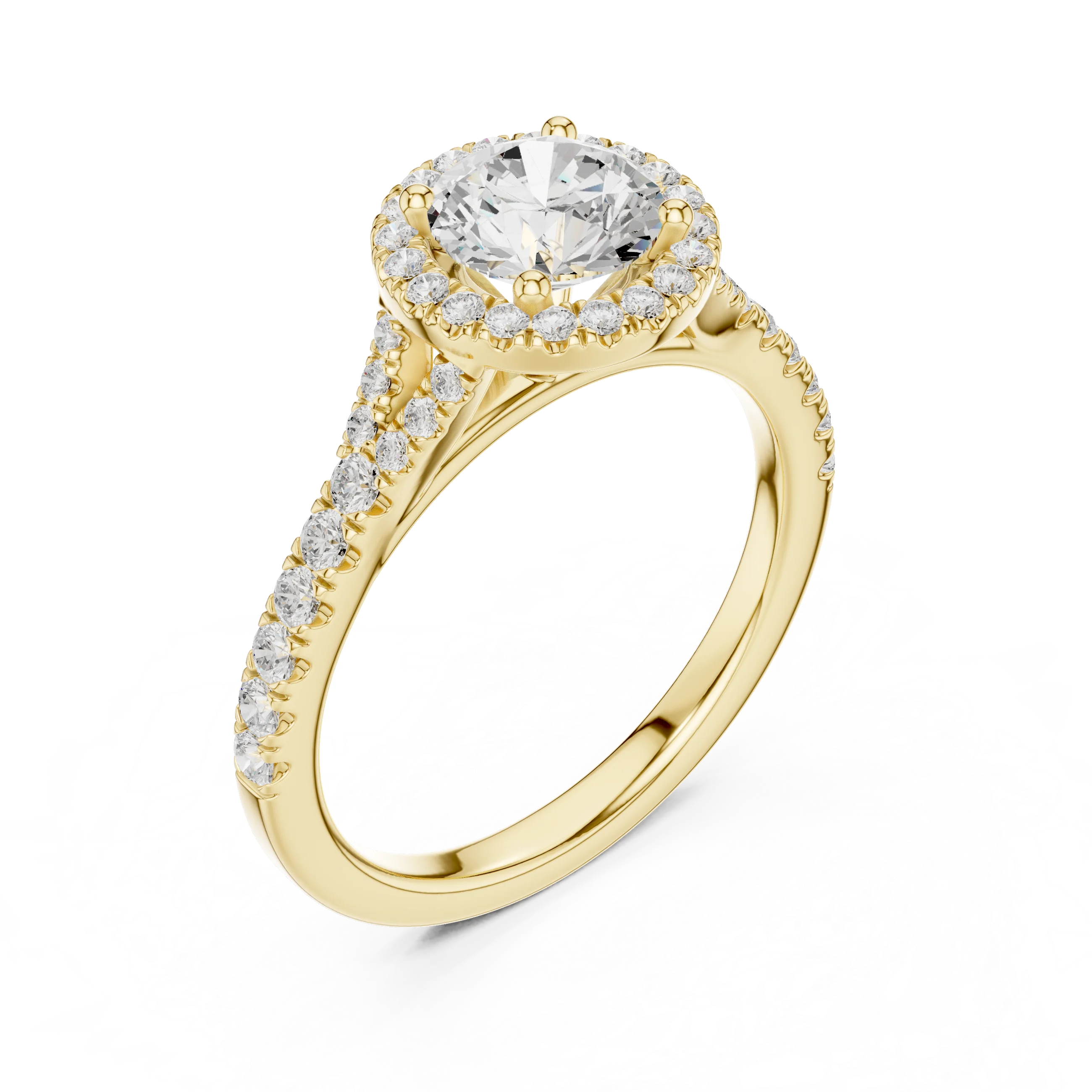 Round brilliant halo engagement ring with split pavé diamond band in yellow gold, lab grown diamond, front view, Australia DFE
