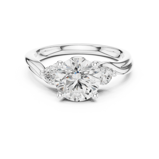 Round brilliant three stone ring with round side diamonds on twisted vine shank in white gold with lab-grown diamonds, elegant nature-inspired design, Australia collection