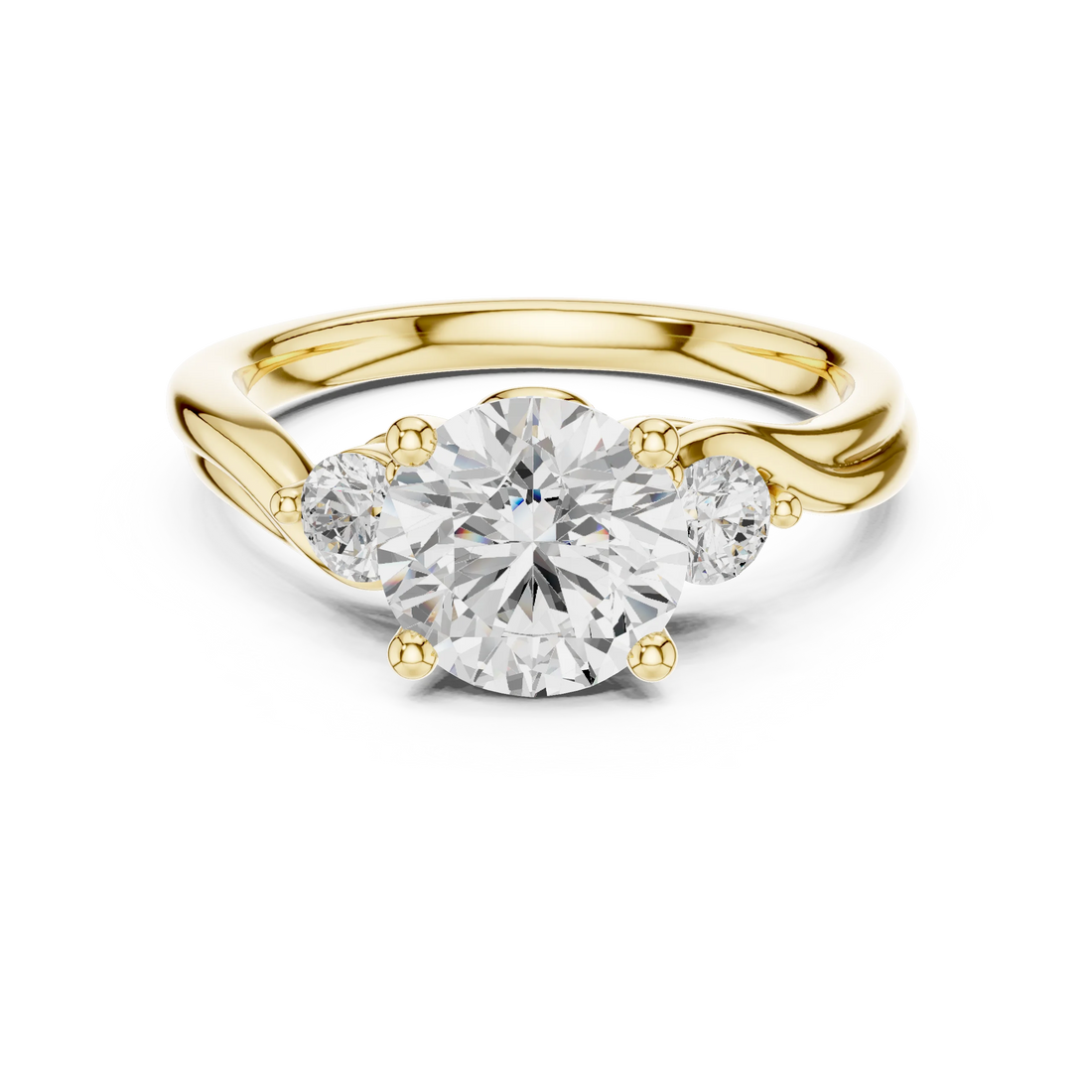 Round brilliant three stone ring with side diamonds on twisted vine shank in yellow gold with classic luxury appeal