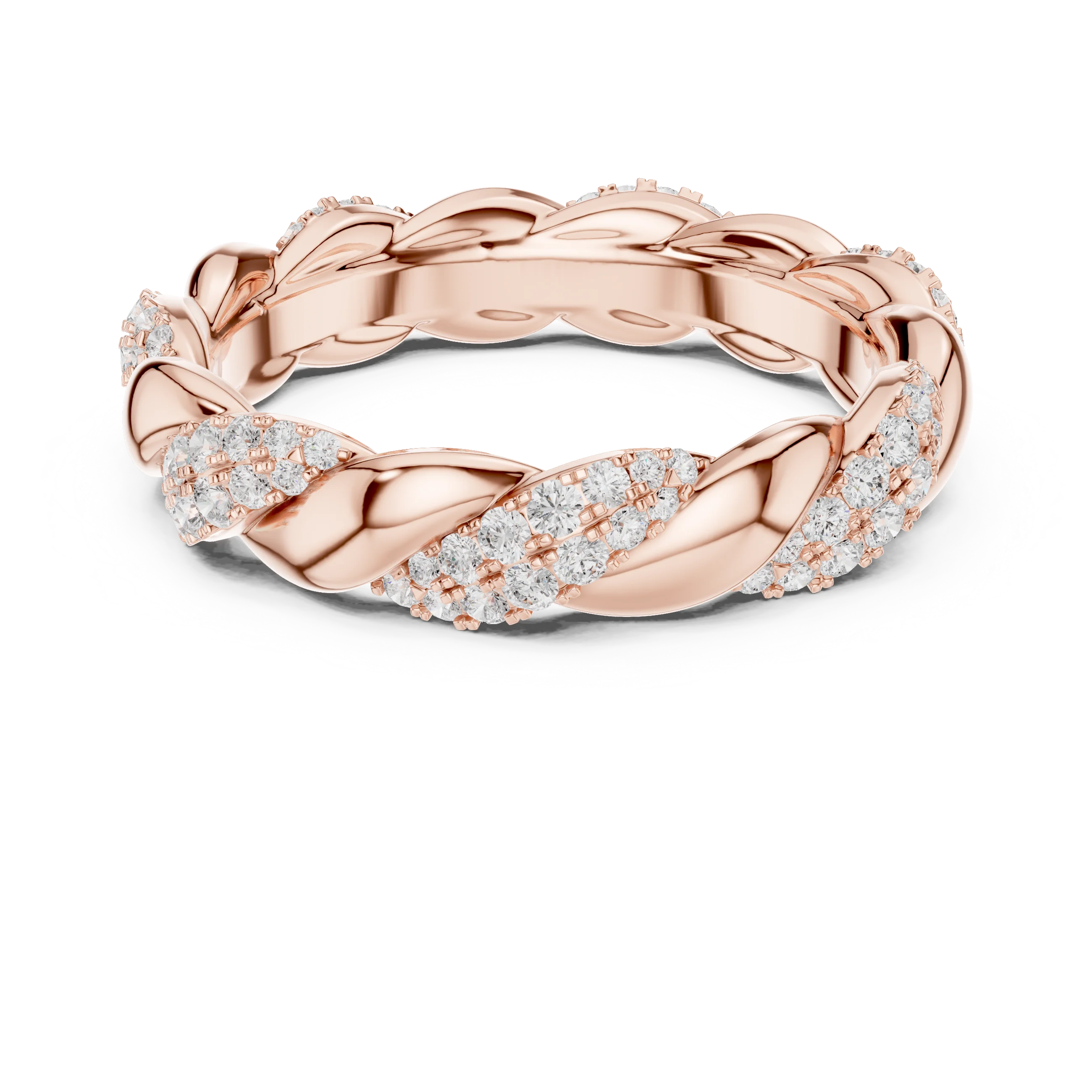 Round brilliant twisted rope pavé eternity band with lab-grown diamonds in rose gold with modern romantic finish