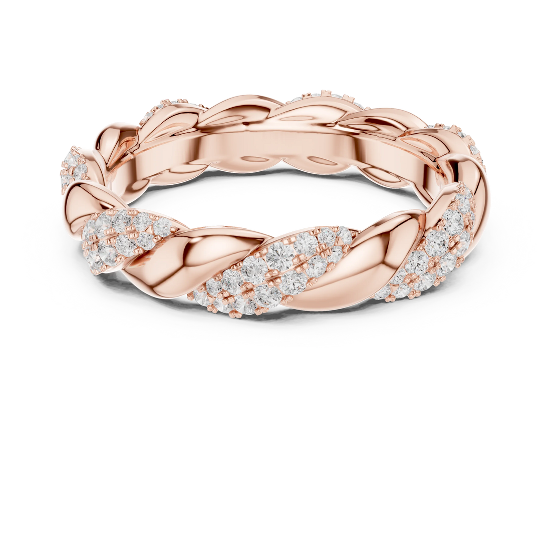 Round brilliant twisted rope pavé eternity band with lab-grown diamonds in rose gold with modern romantic finish