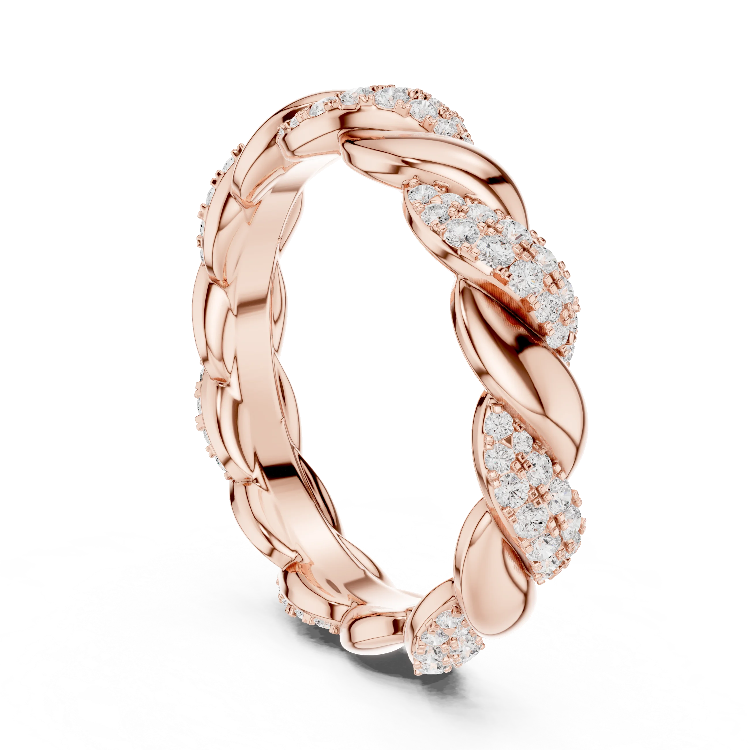 Back view of rose gold eternity band with twisted rope design and pavé set round lab-grown diamonds