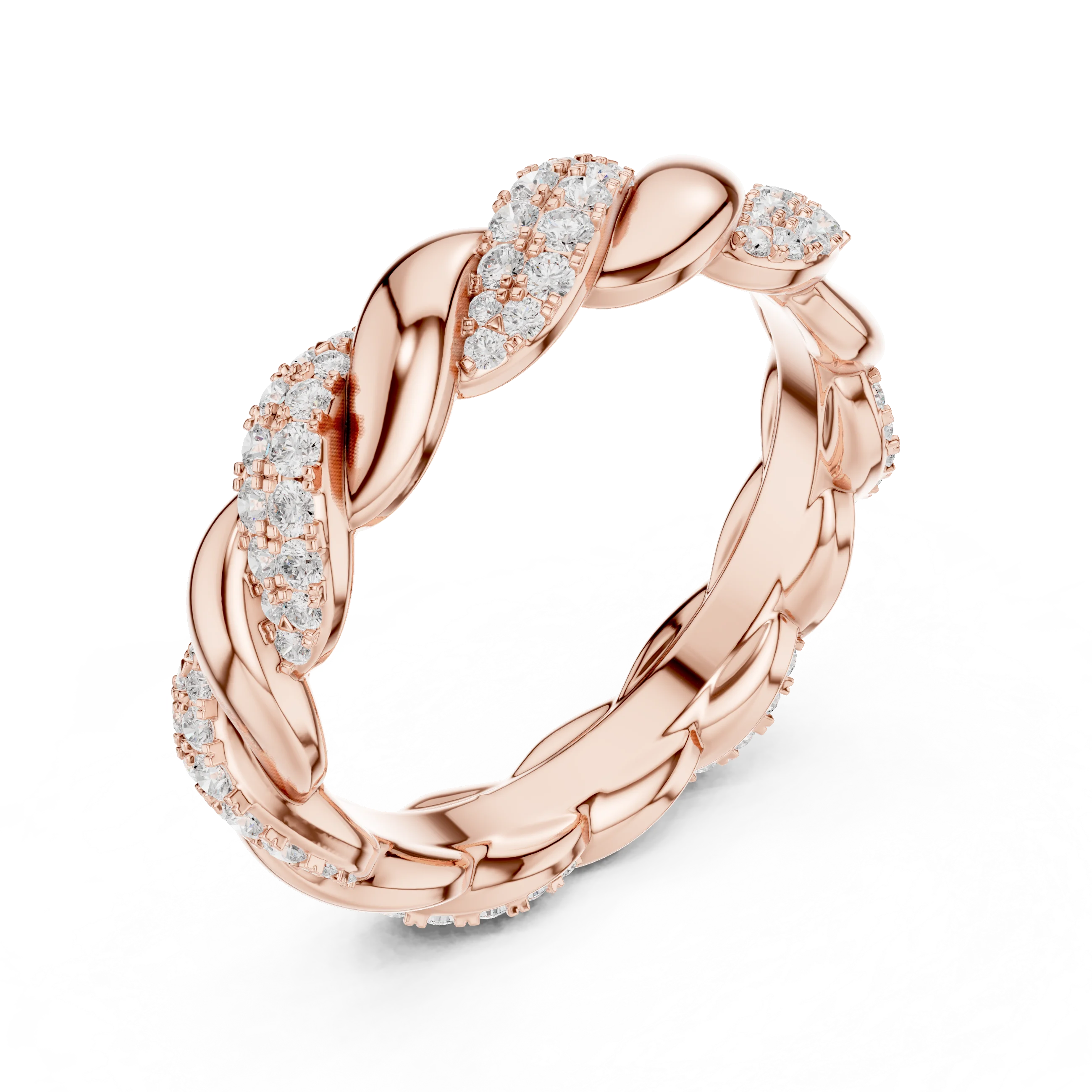 Front view of rose gold twisted rope pavé eternity band featuring round brilliant lab-grown diamonds