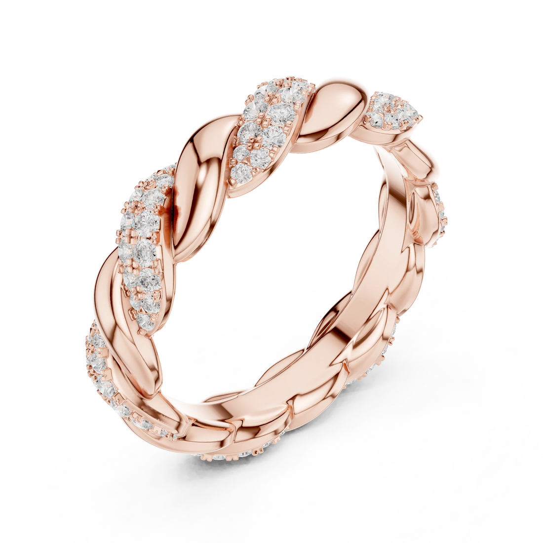 Front view of rose gold twisted rope pavé eternity band featuring round brilliant lab-grown diamonds