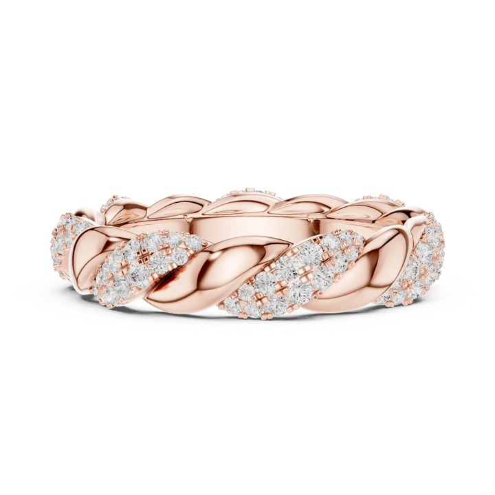 Side view of rose gold eternity band highlighting twisted rope pattern and pavé diamond setting