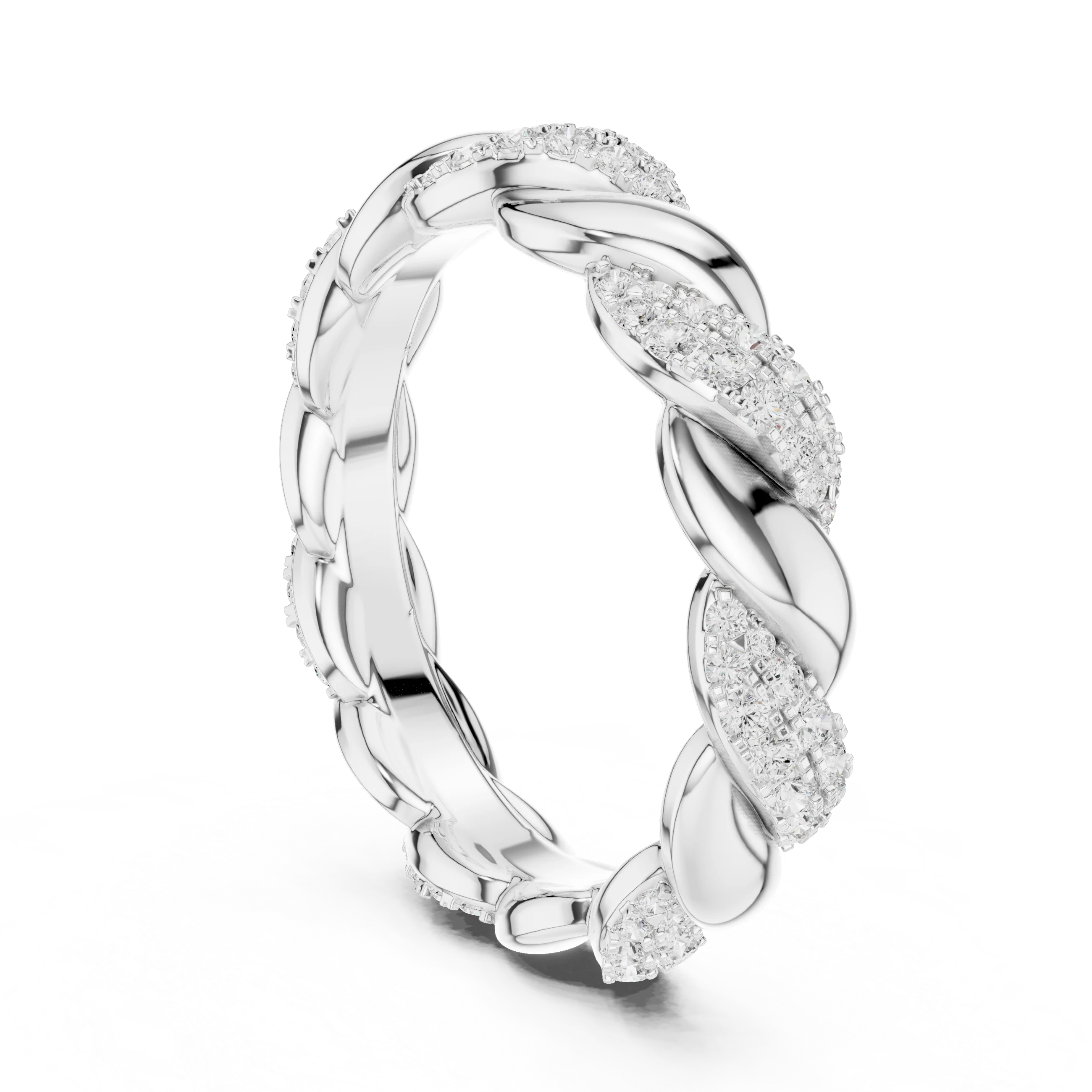 Back view of white gold eternity band with twisted rope design and pavé set round lab-grown diamonds