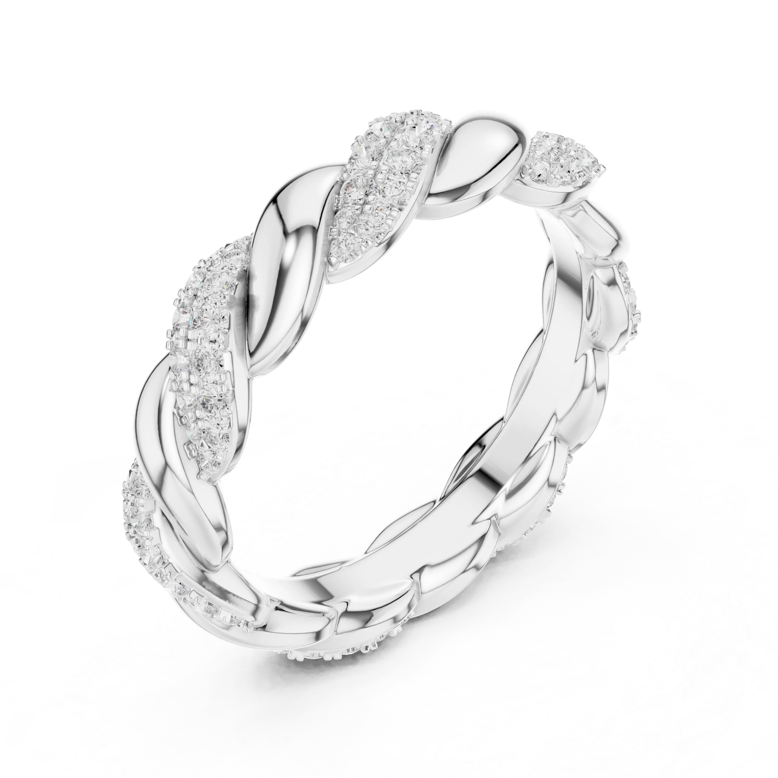 Front view of white gold twisted rope pavé eternity band featuring round brilliant lab-grown diamonds