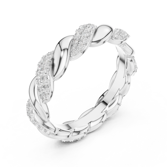 Front view of white gold twisted rope pavé eternity band featuring round brilliant lab-grown diamonds