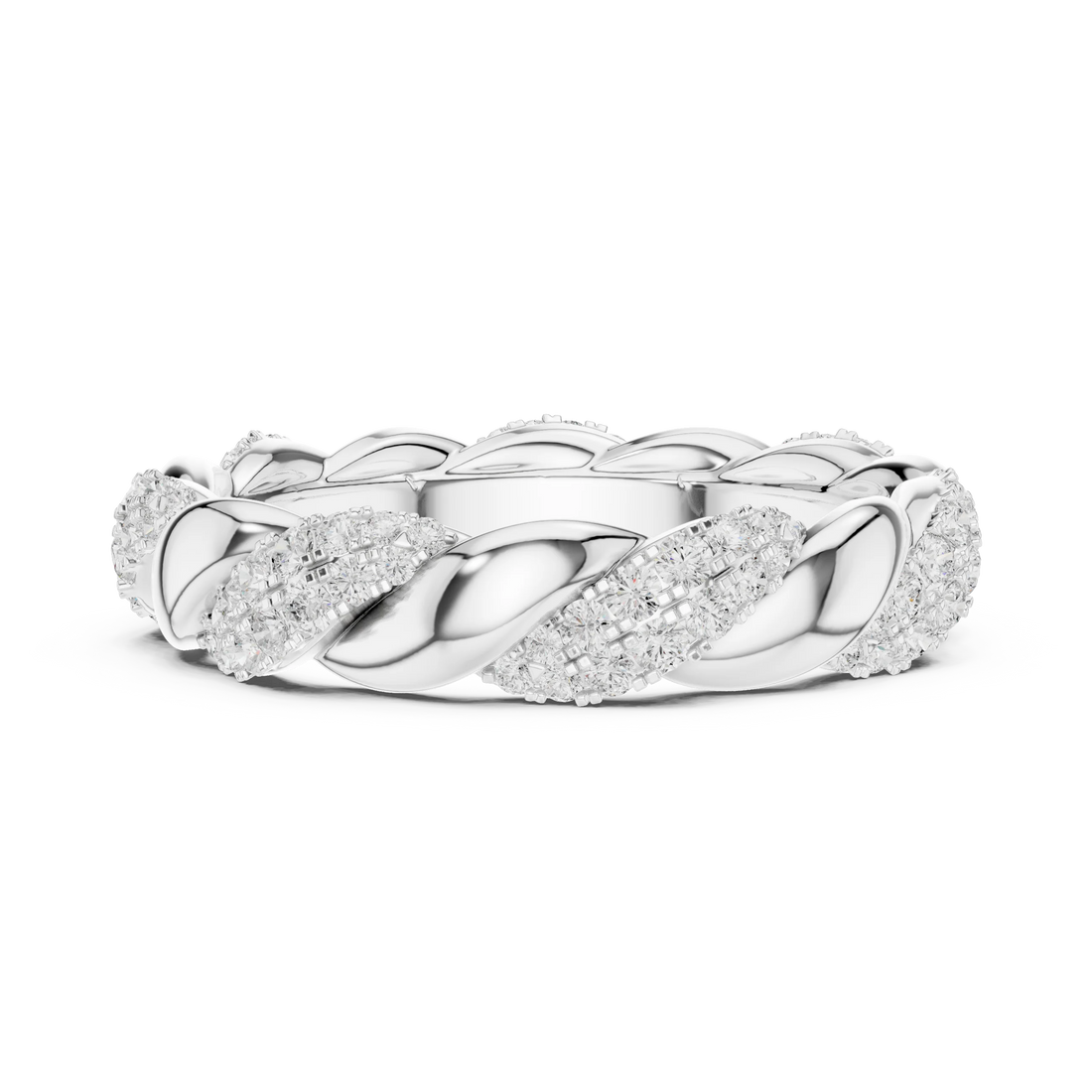 Side view of white gold eternity band highlighting twisted rope pattern and pavé diamond setting