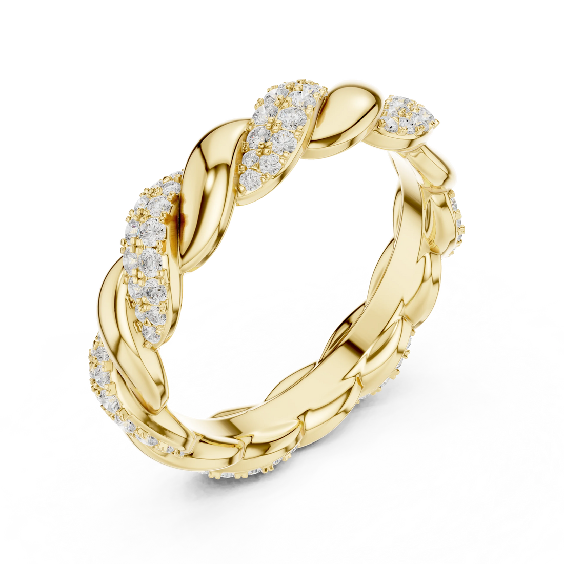 Front view of yellow gold twisted rope pavé eternity band showcasing round brilliant lab-grown diamonds